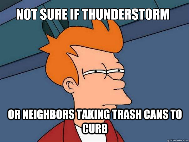 not sure if thunderstorm or neighbors taking trash cans to curb  Futurama Fry