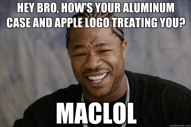 Hey bro, how's your aluminum case and apple logo treating you? MACLOl  Xzibit meme