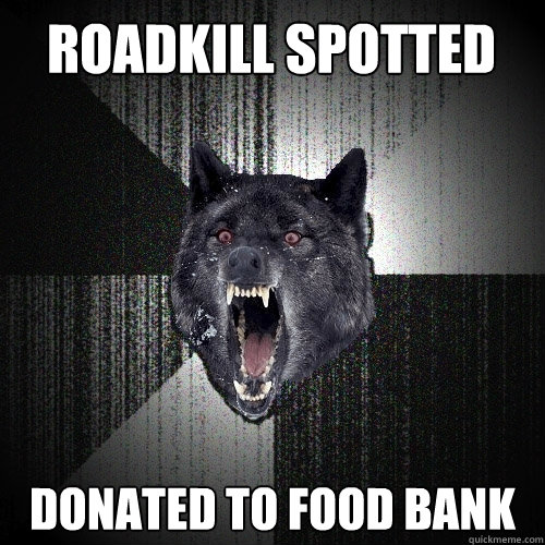Roadkill spotted Donated to food bank  Insanity Wolf