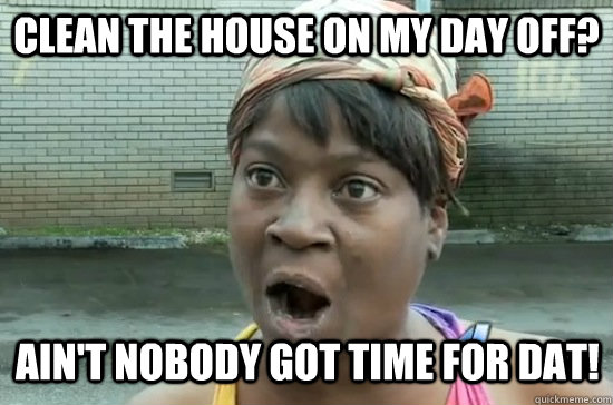 clean the house on my day off? ain't nobody got time for dat!  Sweet Brown