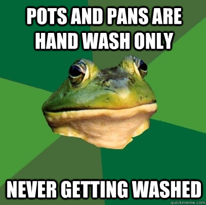 pots and pans are hand wash only never getting washed  Foul Bachelor Frog