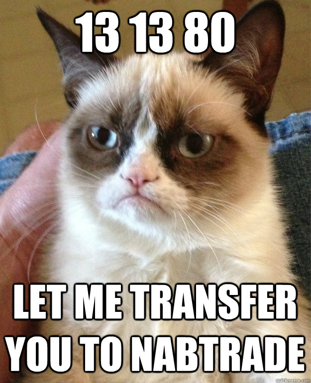 13 13 80 Let me transfer you to nabtrade  Grumpy Cat