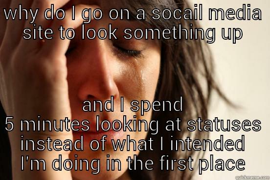 WHY DO I GO ON A SOCAIL MEDIA SITE TO LOOK SOMETHING UP AND I SPEND 5 MINUTES LOOKING AT STATUSES INSTEAD OF WHAT I INTENDED I'M DOING IN THE FIRST PLACE First World Problems