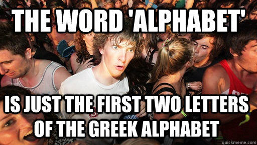 The word 'Alphabet' is just the first two letters of the greek alphabet  Sudden Clarity Clarence