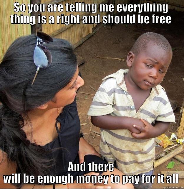 SO YOU ARE TELLING ME EVERYTHING THING IS A RIGHT AND SHOULD BE FREE AND THERE WILL BE ENOUGH MONEY TO PAY FOR IT ALL Skeptical Third World Kid