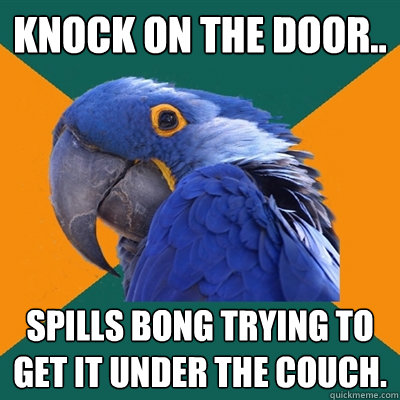 Knock on the door.. spills bong trying to get it under the couch.  Paranoid Parrot