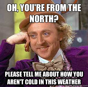 Oh, you're from the north? Please tell me about how you aren't cold in this weather - Oh, you're from the north? Please tell me about how you aren't cold in this weather  Condescending Wonka