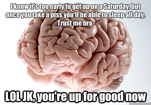 I know it's too early to get up on a Saturday, but once you take a piss you'll be able to sleep all day. Trust me bro. LOL JK, you're up for good now   Scumbag Brain