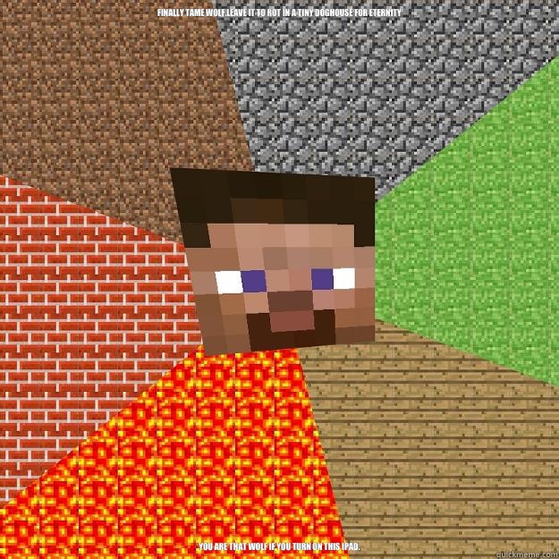 Finally tame wolf.Leave it to rot in a tiny doghouse for eternity You are that wolf if you turn on this iPad.  Minecraft