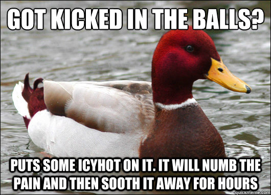 Got kicked in the balls?
 Puts some IcyHot on it. It will numb the pain and then sooth it away for hours  Malicious Advice Mallard