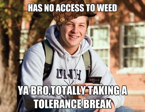 Has no access to weed Ya bro,totally taking a tolerance break  College Freshman