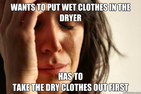 Wants to put wet clothes in the dryer has to 
take the dry clothes out first  First World Problems