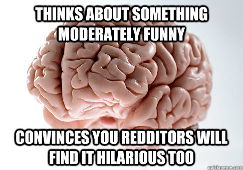 thinks about something moderately funny convinces you redditors will find it hilarious too  Scumbag Brain