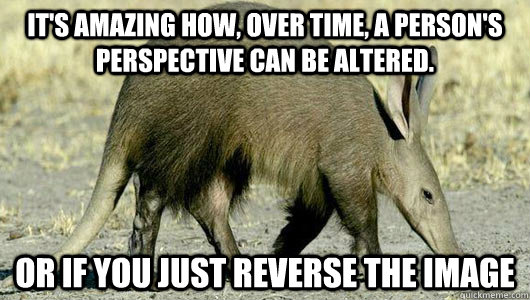 It's amazing how, over time, a person's perspective can be altered.  or if you just reverse the image  180 Deep Thoughts Aardvark