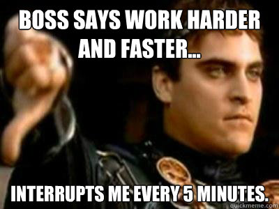 BOSS SAYS WORK HARDER AND FASTER... INTERRUPTS ME EVERY 5 MINUTES.  Downvoting Roman