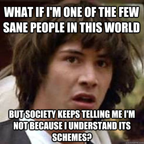 What if i'm one of the few sane people in this world but society keeps telling me i'm not because i understand its schemes?  conspiracy keanu