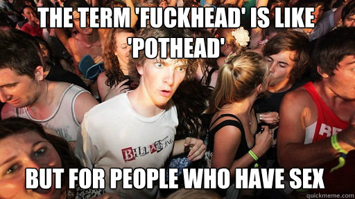 the term 'fuckhead' is like 'pothead' but for people who have sex  Sudden Clarity Clarence