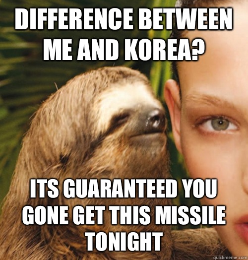 Difference between me and korea? Its guaranteed you gone get this missile tonight   Whispering Sloth