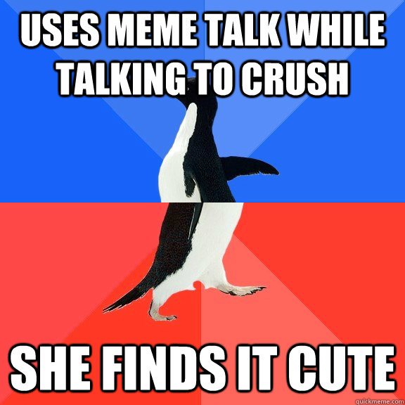 Uses meme talk while talking to crush she finds it cute  Socially Awkward Awesome Penguin