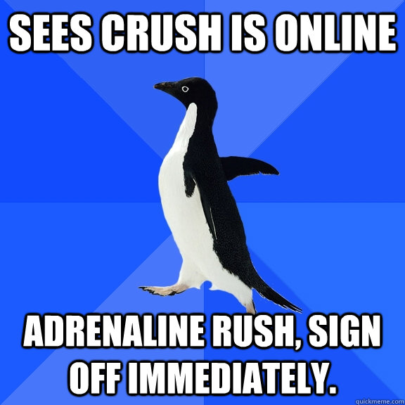 sees crush is online adrenaline rush, sign off immediately.  Socially Awkward Penguin