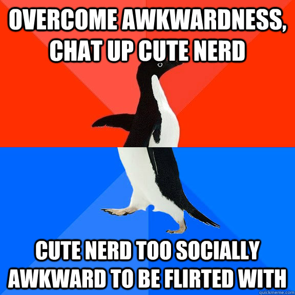 overcome awkwardness, chat up cute nerd cute nerd too socially awkward to be flirted with  Socially Awesome Awkward Penguin