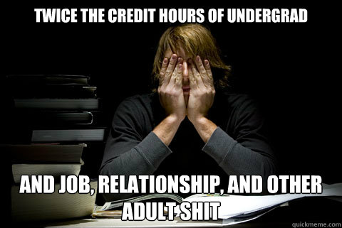 twice the credit hours of undergrad And job, relationship, and other adult shit  Stressed Out Grad Student