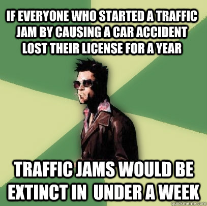 If everyone who started a traffic jam by causing a car accident lost their license for a year Traffic jams would be extinct in  under a week  Helpful Tyler Durden