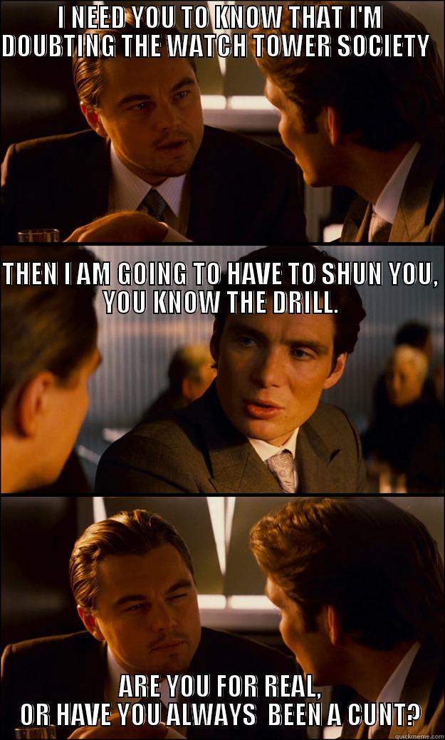 I NEED YOU TO KNOW THAT I'M DOUBTING THE WATCH TOWER SOCIETY                                                                                                                                                                                                    ARE YOU FOR REAL, OR HAVE YOU ALWAYS  BEEN A CUNT? Inception