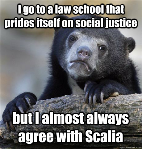 I go to a law school that prides itself on social justice but I almost always agree with Scalia - I go to a law school that prides itself on social justice but I almost always agree with Scalia  Confession Bear