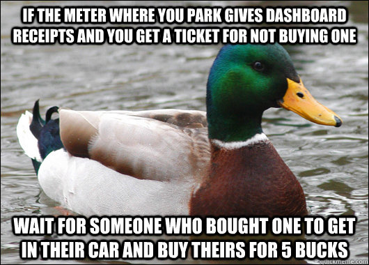 if the meter where you park gives dashboard receipts and you get a ticket for not buying one wait for someone who bought one to get in their car and buy theirs for 5 bucks  Actual Advice Mallard