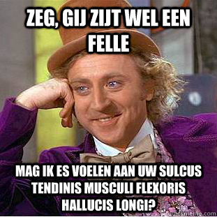 Zeg, gij zijt wel een felle Mag ik es voelen aan uw sulcus tendinis musculi flexoris hallucis longi?  Condescending Wonka