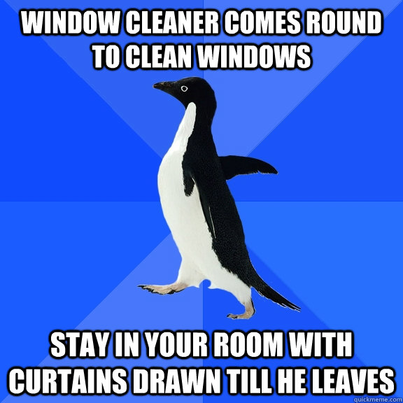 Window cleaner comes round to clean windows stay in your room with curtains drawn till he leaves  Socially Awkward Penguin