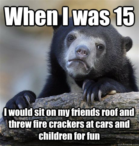When I was 15 I would sit on my friends roof and threw fire crackers at cars and children for fun   Confession Bear