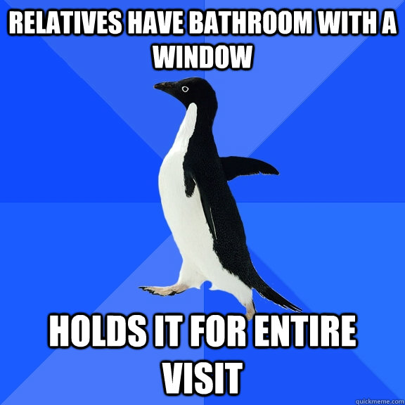 Relatives have bathroom with a window Holds it for entire visit  Socially Awkward Penguin