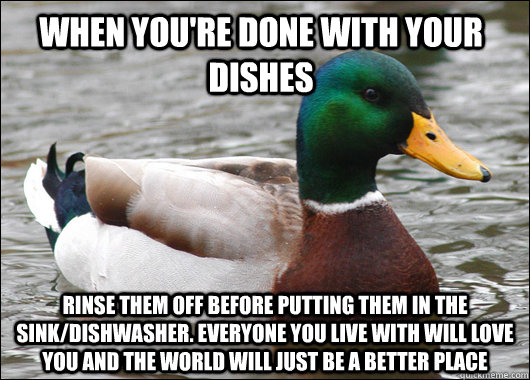 When you're done with your dishes Rinse them off before putting them in the sink/dishwasher. Everyone you live with will love you and the world will just be a better place  Actual Advice Mallard