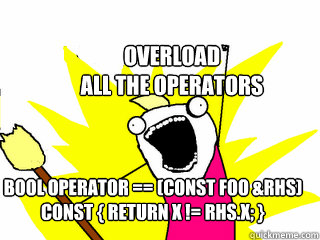 Overload
all the operators bool operator == (const Foo &rhs) const { return x != rhs.x; }  All The Things