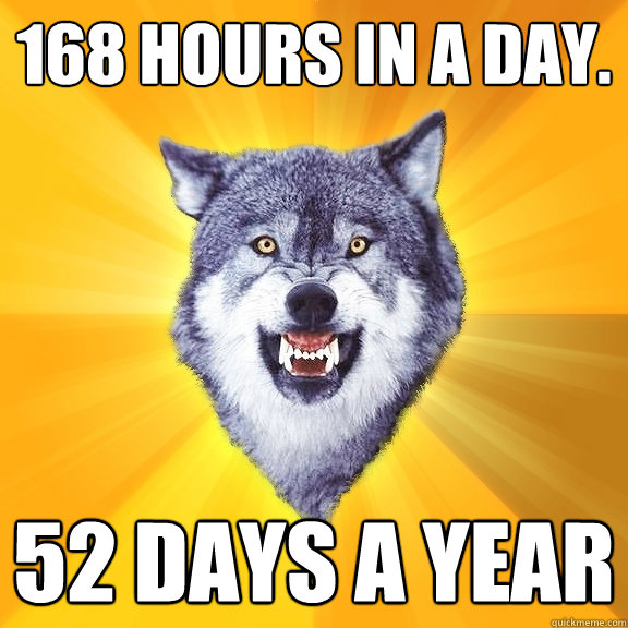 168 hours in a day. 52 days a year  Courage Wolf