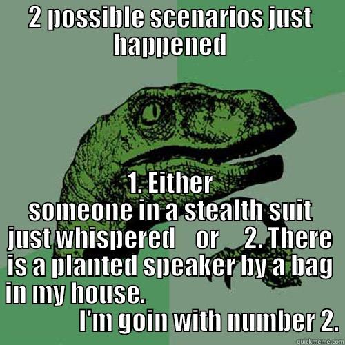2 POSSIBLE SCENARIOS JUST HAPPENED 1. EITHER SOMEONE IN A STEALTH SUIT JUST WHISPERED    OR     2. THERE IS A PLANTED SPEAKER BY A BAG IN MY HOUSE.                                                        I'M GOIN WITH NUMBER 2. Philosoraptor
