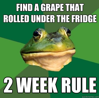 Find a grape that rolled under the fridge 2 week rule  Foul Bachelor Frog