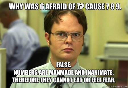 Why was 6 afraid of 7? Cause 7 8 9. FALSE.  
Numbers are manmade and inanimate. Therefore they cannot eat or feel fear.  Schrute