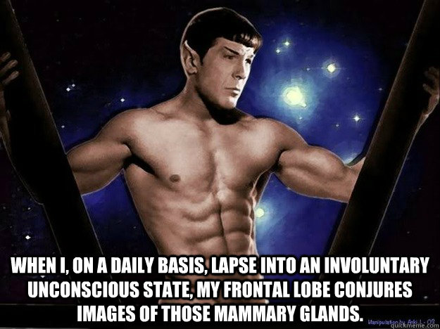 When I, on a daily basis, lapse into an involuntary unconscious state, my frontal lobe conjures images of those mammary glands.  Sexy Spock