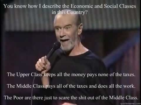 The Upper Class keeps all the money pays none of the taxes.

The Middle Class pays all of the taxes and does all the work.

The Poor are there just to scare the shit out of the Middle Class.
 You know how I describe the Economic and Social Classes in this - The Upper Class keeps all the money pays none of the taxes.

The Middle Class pays all of the taxes and does all the work.

The Poor are there just to scare the shit out of the Middle Class.
 You know how I describe the Economic and Social Classes in this  George Carlin on classes