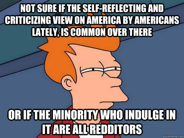 not sure if the self-reflecting and criticizing view on America by Americans lately, is common over there or if the minority who indulge in it are all redditors  Futurama Fry