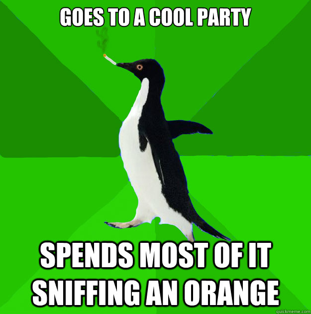 goes to a cool party spends most of it sniffing an orange  Stoner Penguin