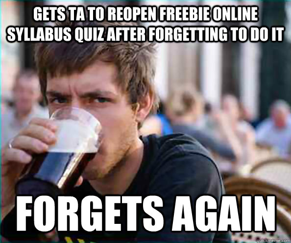 Gets TA to reopen freebie online syllabus quiz after forgetting to do it Forgets again  Virgin College Senior