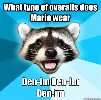 What type of overalls does Mario wear Den-im Den-im 
Den-im  Lame Pun Coon