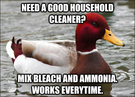Need a good household cleaner? mix Bleach and ammonia. works everytime.  Malicious Advice Mallard