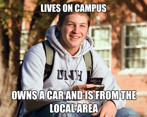 lives on campus Owns a car and is from the local area  College Freshman