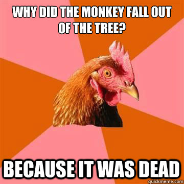 Why did the monkey fall out of the tree?   because it was dead  Anti-Joke Chicken