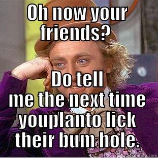 OH NOW YOUR FRIENDS?  DO TELL ME THE NEXT TIME YOUPLANTO LICK THEIR BUM HOLE. Condescending Wonka